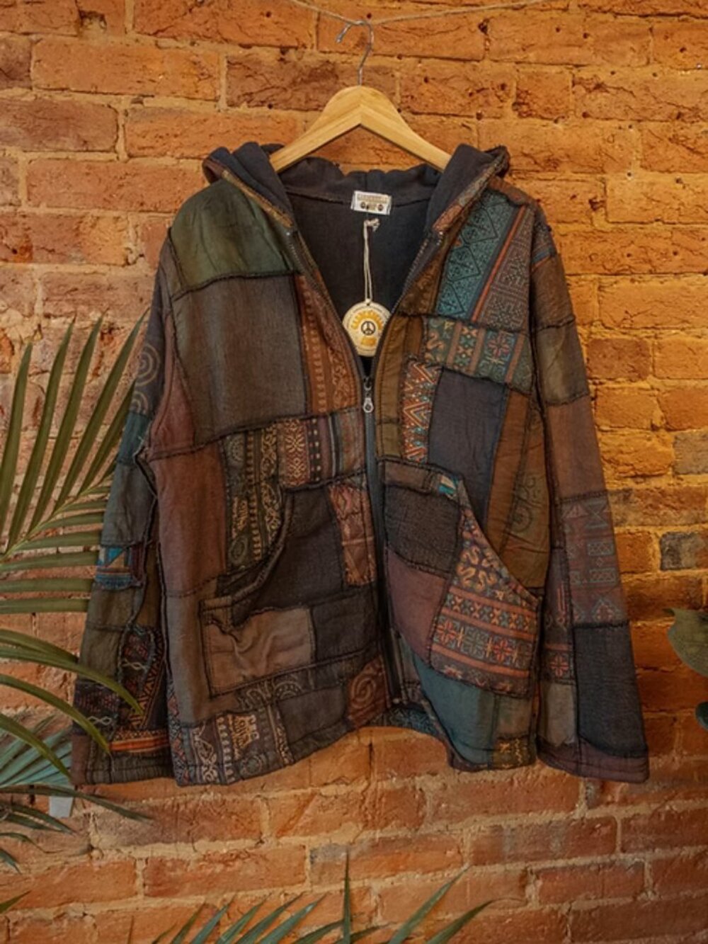Patchwork,  hippie, bohemian fleece lined hoodie coat jacket